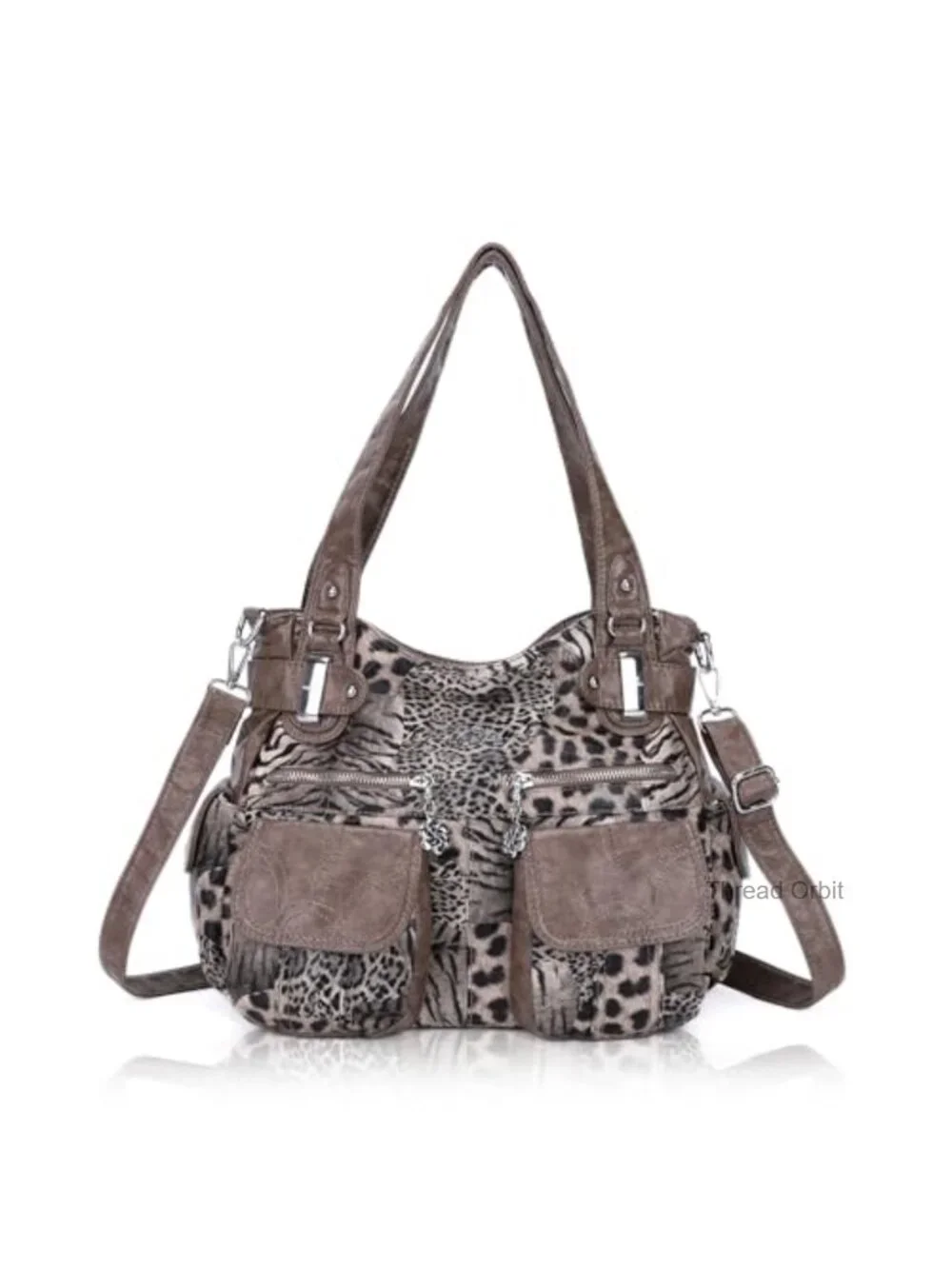 Washed PU Leather Hobo Handbag Double Zipper Multi Pocket Shoulder Bag
